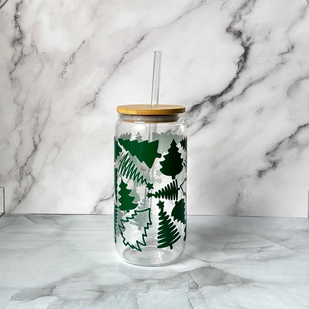 Glass Tumbler with Tree Design and Bamboo Lid